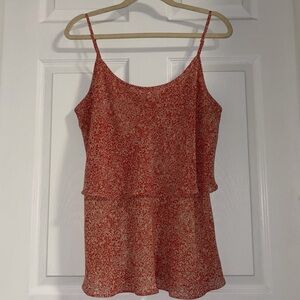 CAbi chiffon tank top tiered ruffles layers delicate orangey red peach pattern